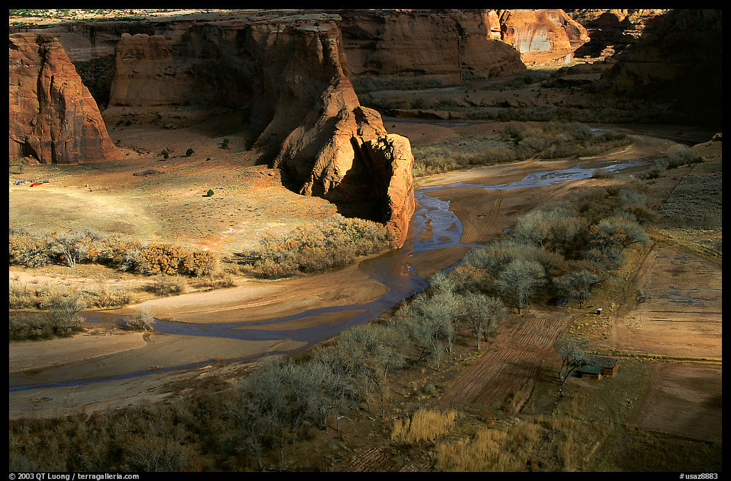 Canyon floor partly lit, seen from Tsegi Overlook. Canyon de Chelly  National Monument, Arizona, USA
