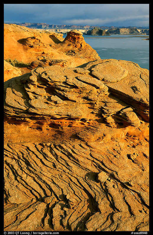 Sandstone Swirls and Lake Powell, Glenn Canyon National Recreation Area, morning. Arizona, USA