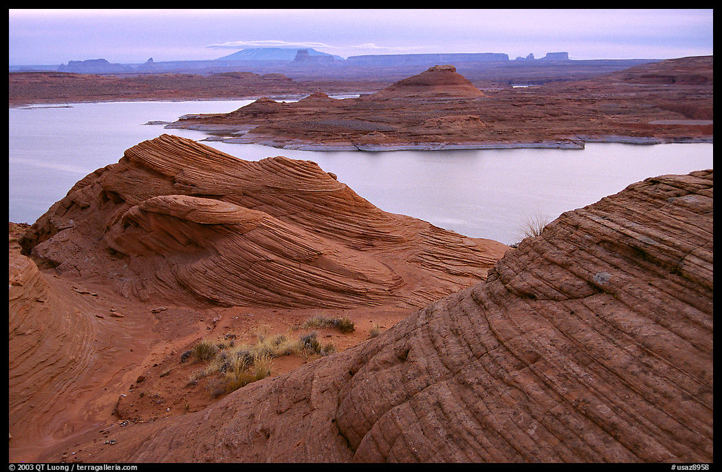 Sandstone Swirls and Lake Powell, Glenn Canyon National Recreation Area, morning. Arizona, USA