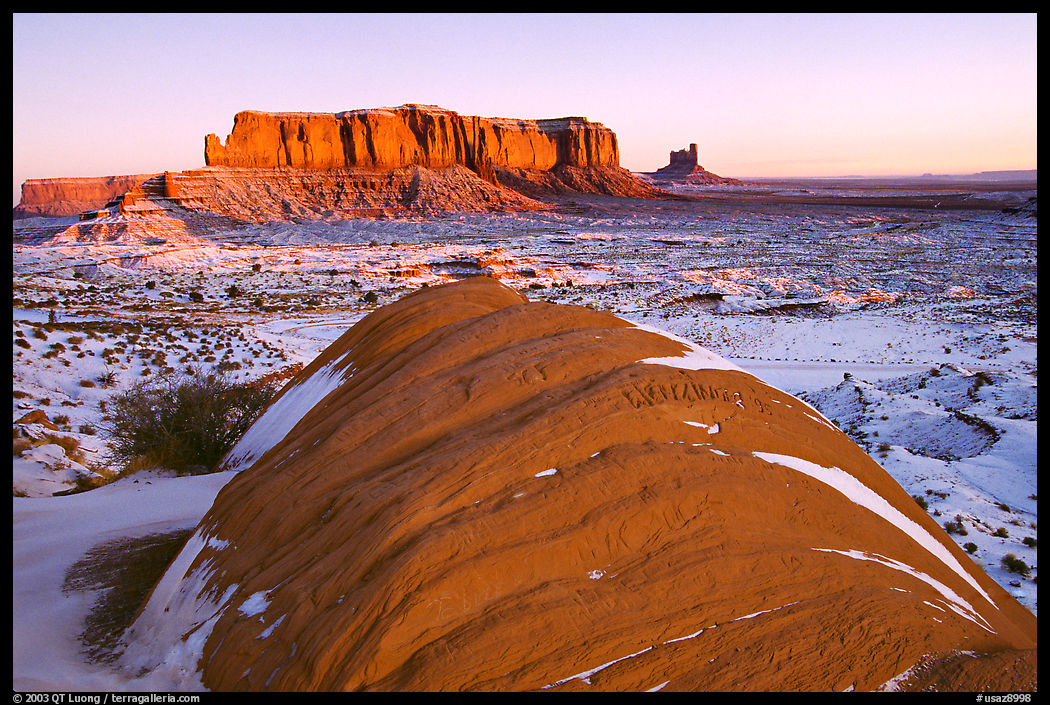 Snowy sunrise. Monument Valley Tribal Park, Navajo Nation, Arizona and Utah, USA