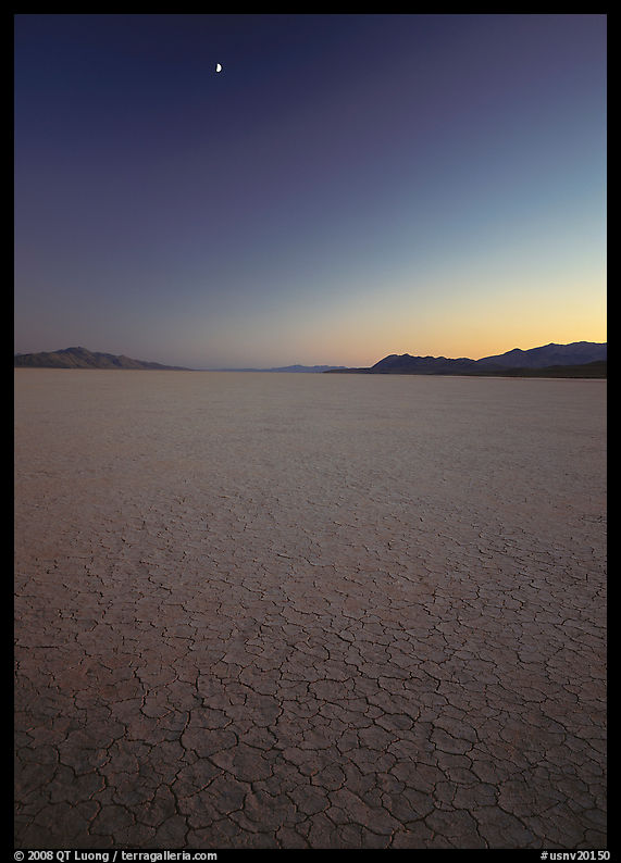 Playa and moon, sunset, Black Rock Desert. Black Rock Desert, Nevada, USA