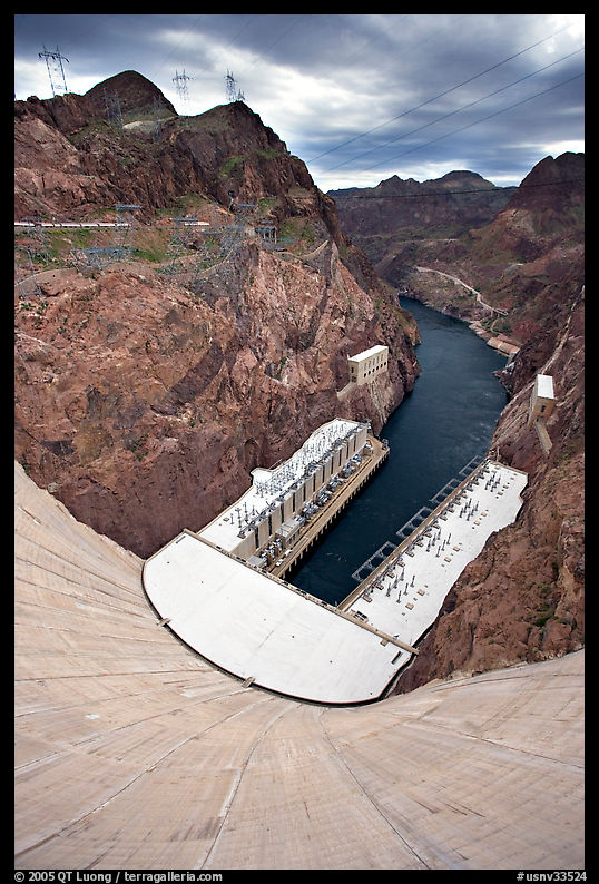Power plant and Black Canyon seen from the top of dam. Hoover Dam, Nevada and Arizona