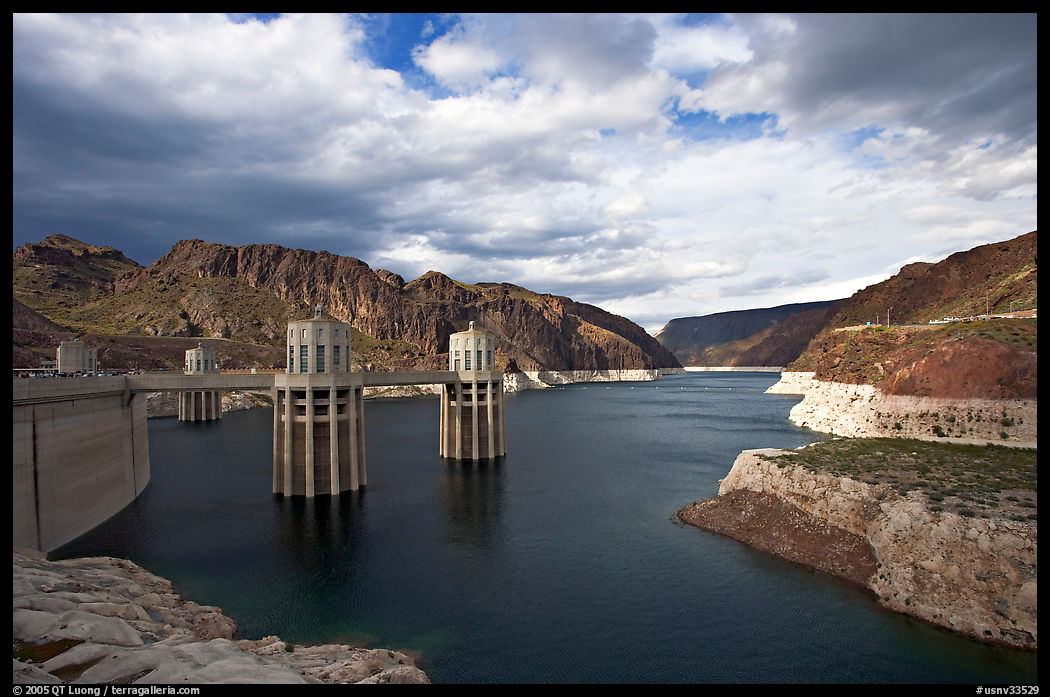 Reservoir and intake towers. Hoover Dam, Nevada and Arizona