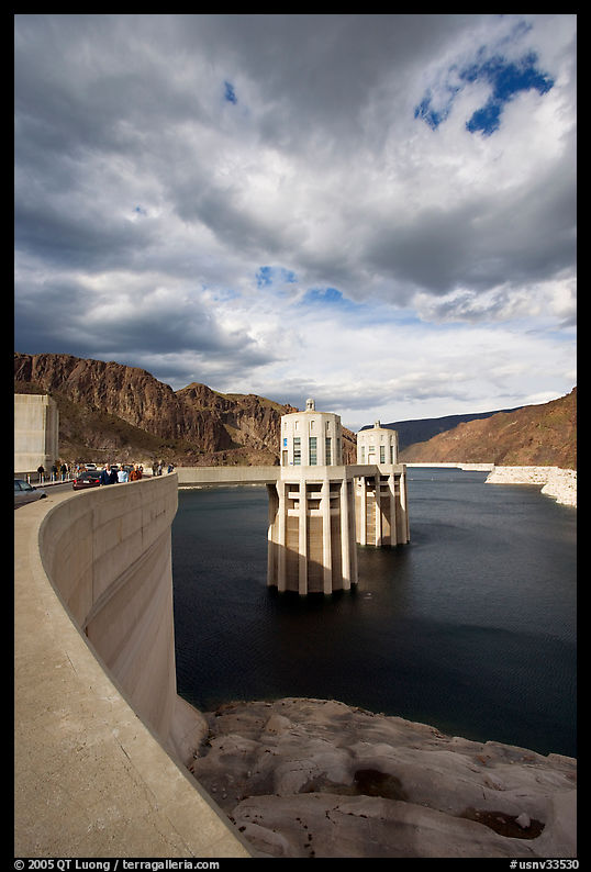 Dam and intake towers. Hoover Dam, Nevada and Arizona