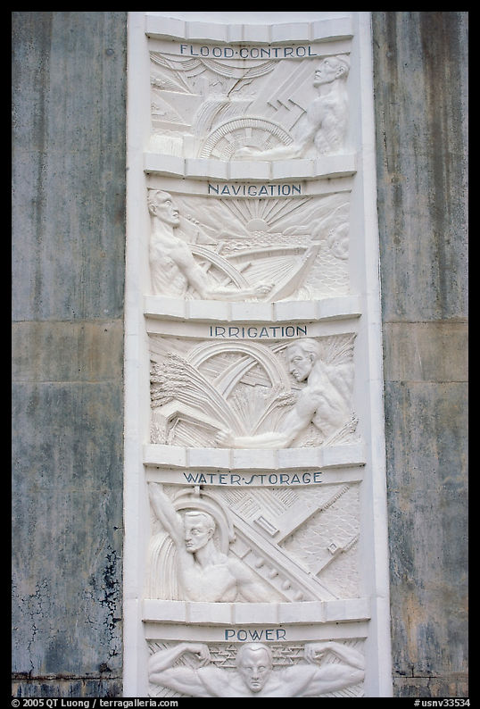 Bas-relief in Art Deco style showing benefits of the dam, Hoover Dam. Hoover Dam, Nevada and Arizona