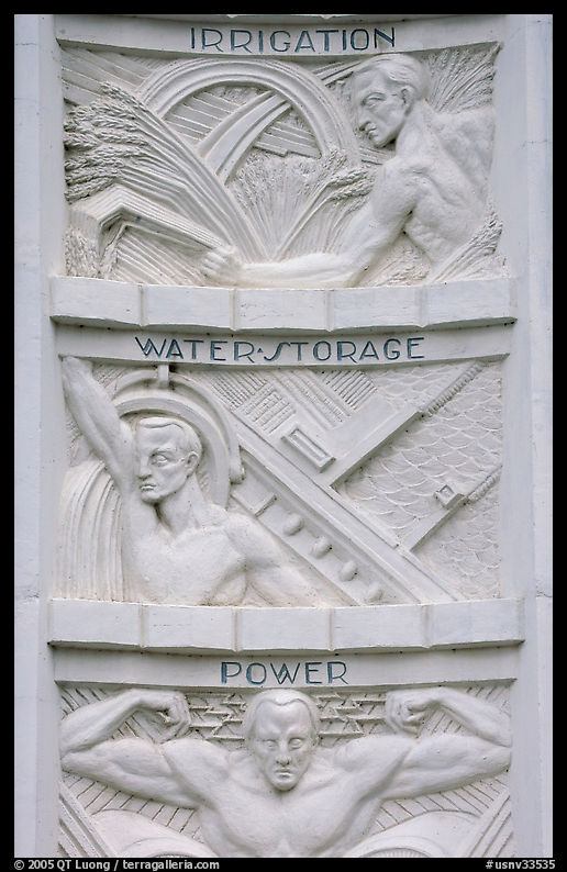 Detail of bas-relief in Art Deco style celebrating benefits of the dam, Hoover Dam. Hoover Dam, Nevada and Arizona
