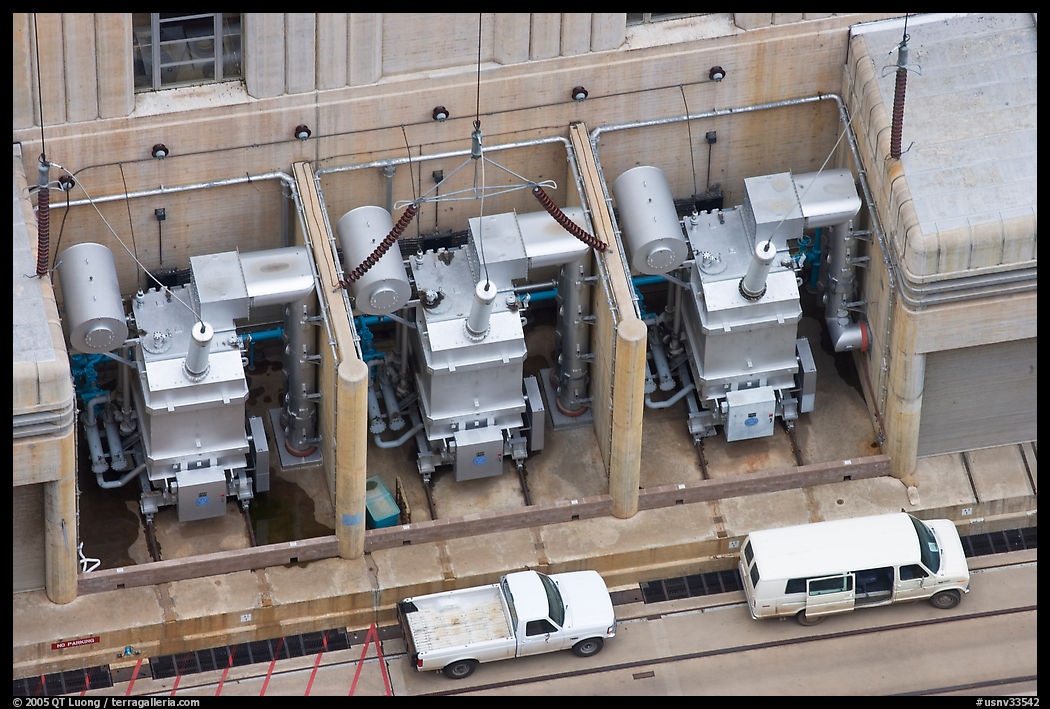 Transformers on the ramp outside the power plant. Hoover Dam, Nevada and Arizona