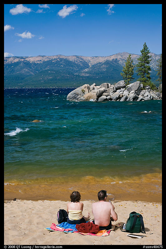 Couple on sandy beach, Lake Tahoe-Nevada State Park, Nevada. USA