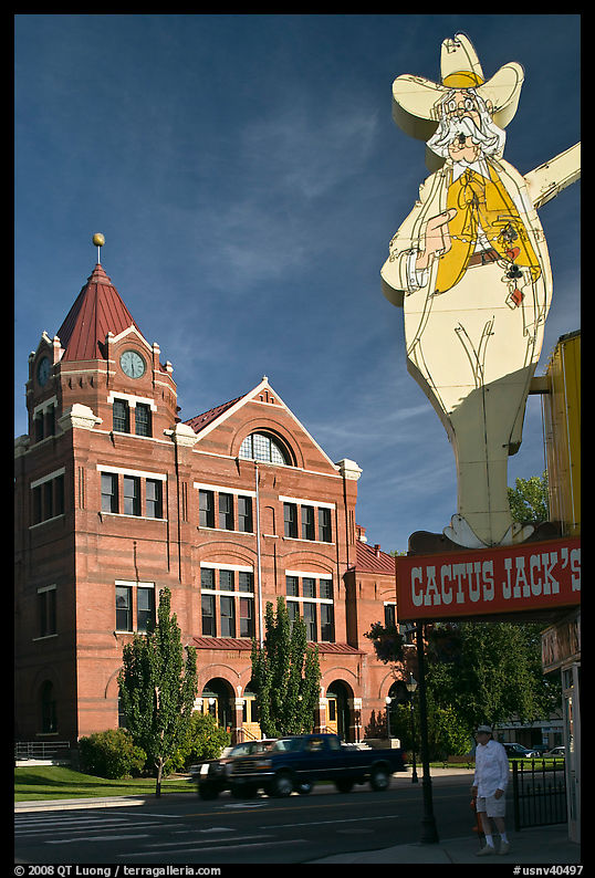 Giant Cactus Jack sign and brick building. Carson City, Nevada, USA
