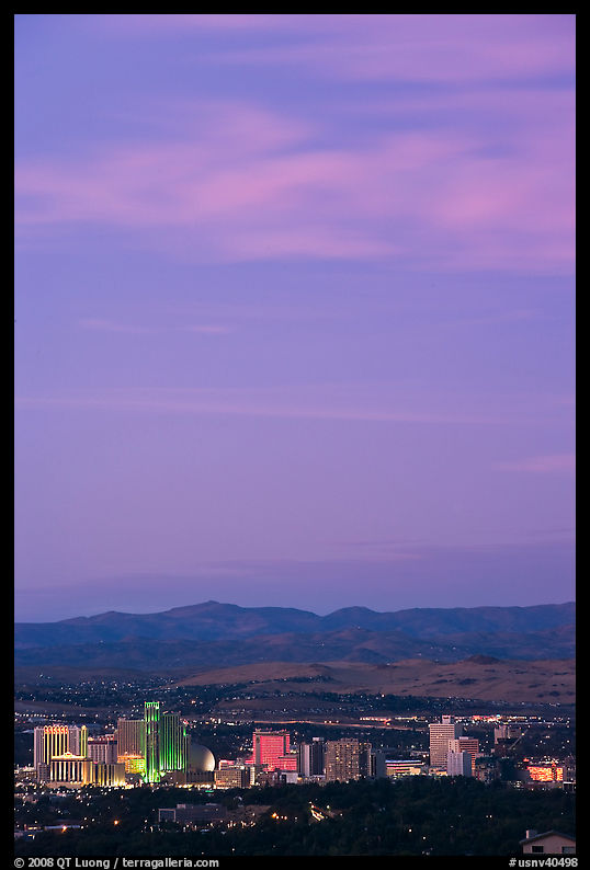 Reno skyline at sunset. Reno, Nevada, USA