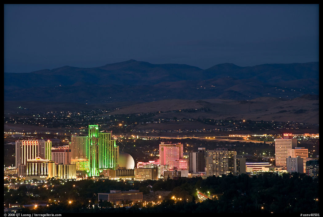 Reno skyline at dusk. Reno, Nevada, USA