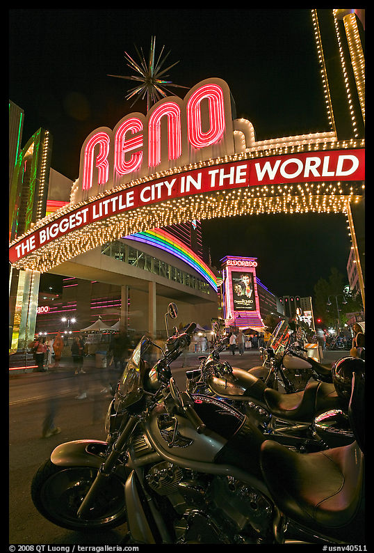 Motorbikes and neon sign at night. Reno, Nevada, USA