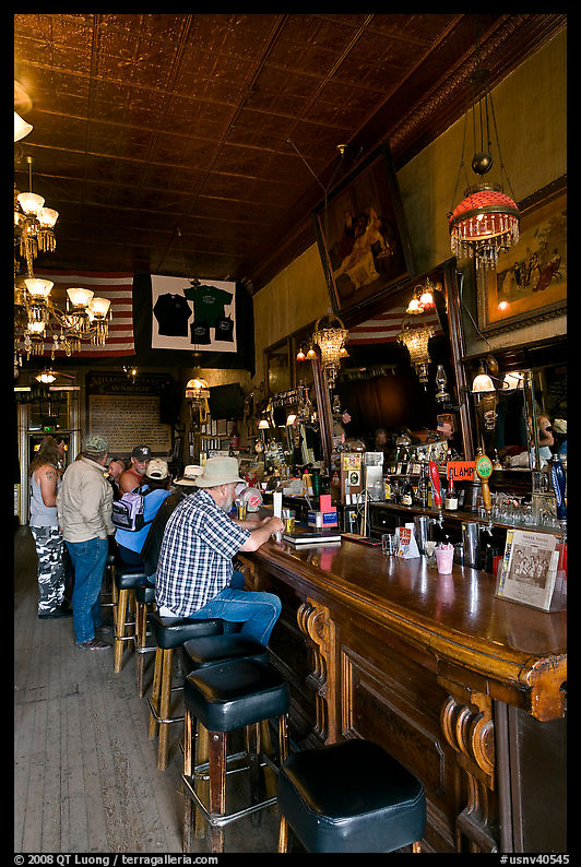 Men inside historic saloon. Virginia City, Nevada, USA