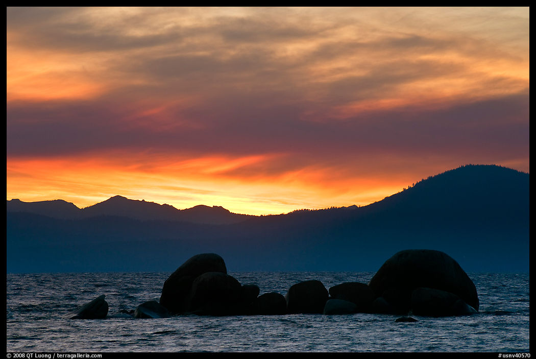 Rocks and mountains at sunset, Lake Tahoe-Nevada State Park, Nevada. USA