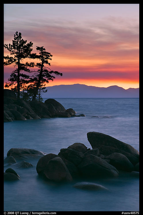 Boulders and trees, sunset, Sand Harbor, East Shore, Lake Tahoe, Nevada. USA