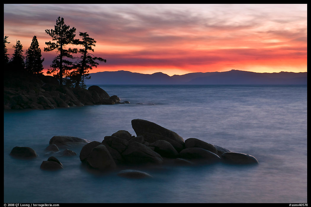 Rocks and trees, sunset, Sand Harbor, East Shore, Lake Tahoe, Nevada. USA
