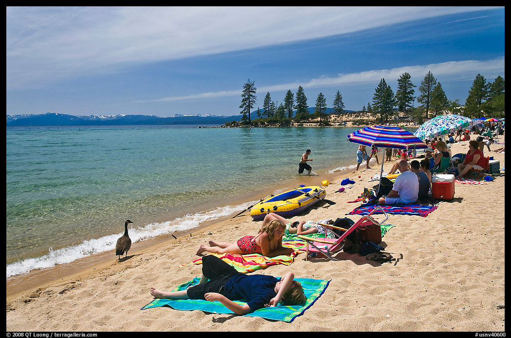 Families on sandy beach, Lake Tahoe-Nevada State Park, Nevada. USA
