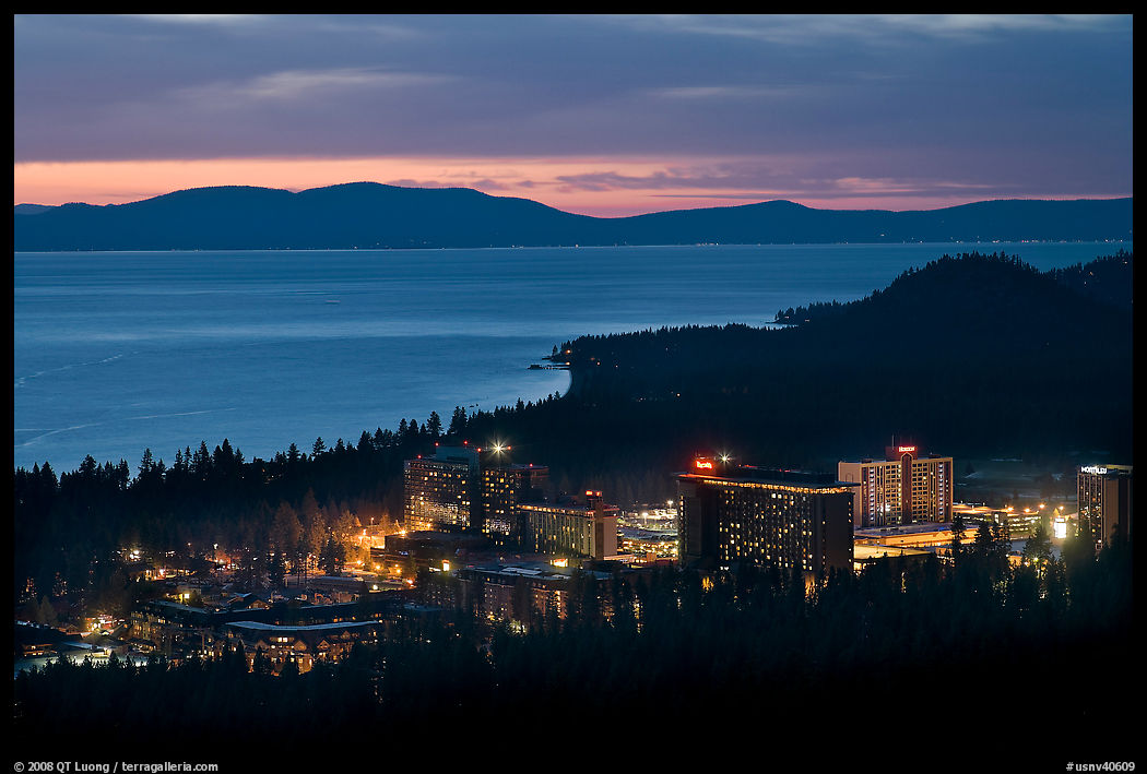 Stateline casinos and Lake Tahoe at dusk, Nevada. USA