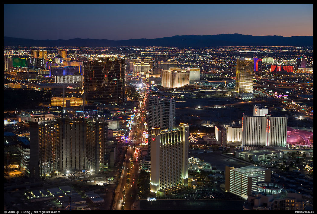 Las Vegas Strip lights seen from above at sunset. Las Vegas, Nevada, USA