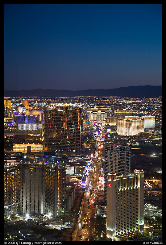 Las Vegas Boulevard and casinos seen from above at sunset. Las Vegas, Nevada, USA