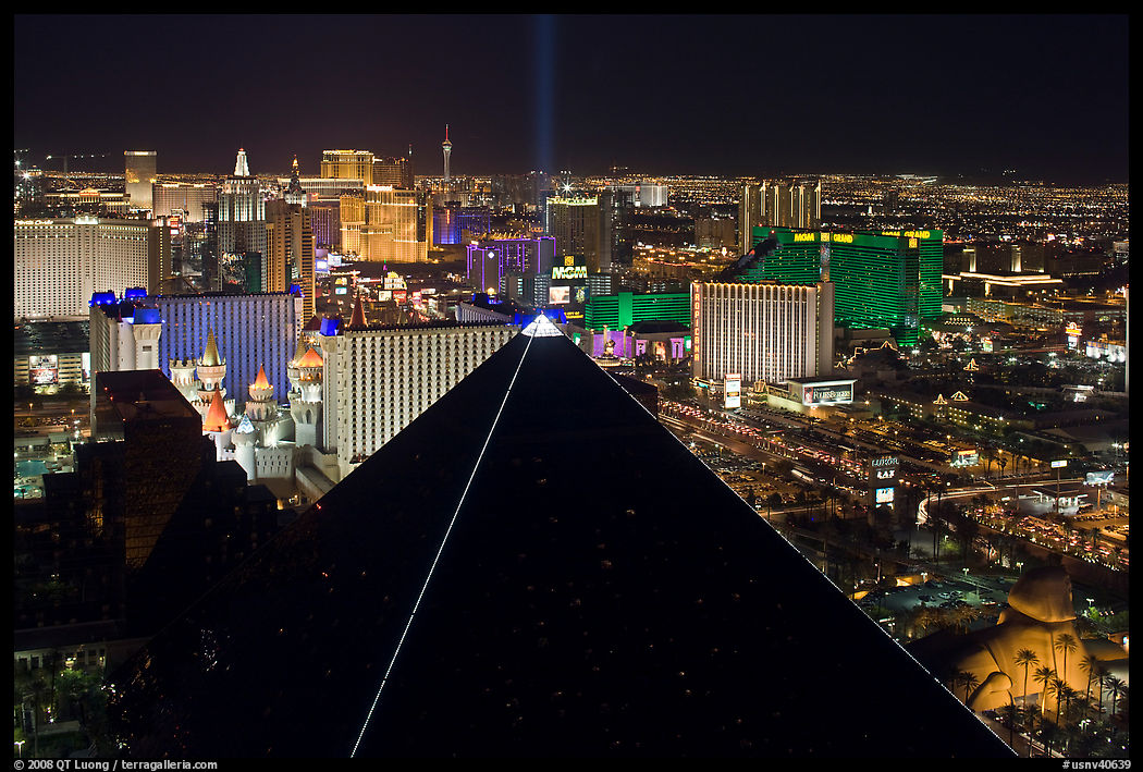 Luxor pyramid and Las Vegas skyline at night. Las Vegas, Nevada, USA