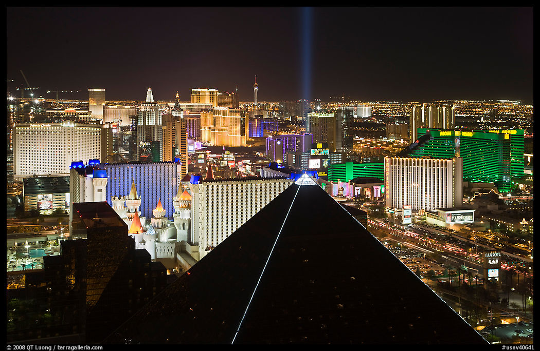 Pyramid, strip and skyline at night. Las Vegas, Nevada, USA