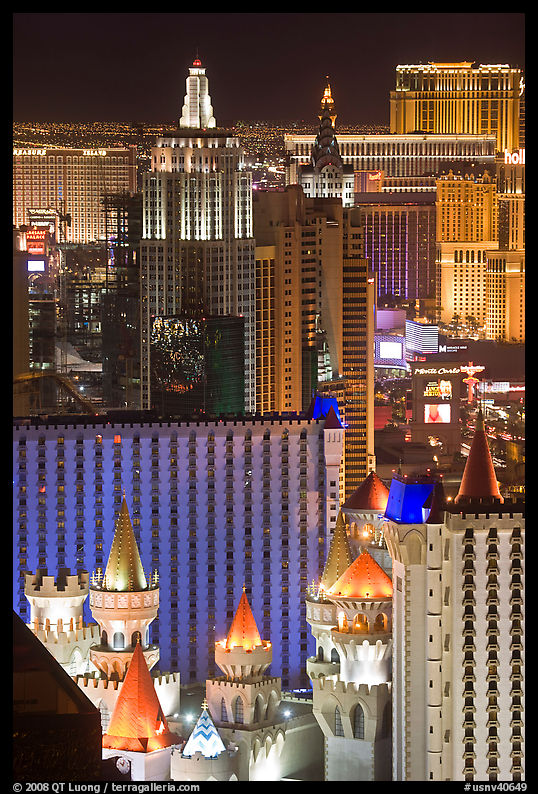 Las Vegas hotels seen from above at night. Las Vegas, Nevada, USA