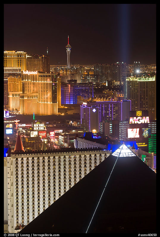 Luxor pyramid, casinos, and Stratosphere tower at night. Las Vegas, Nevada, USA