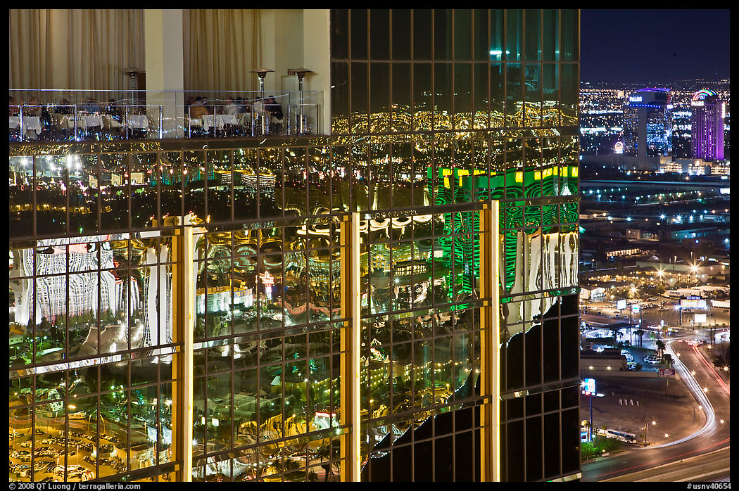 Dining room and night reflections, the Hotel at Mandalay Bay. Las Vegas, Nevada, USA