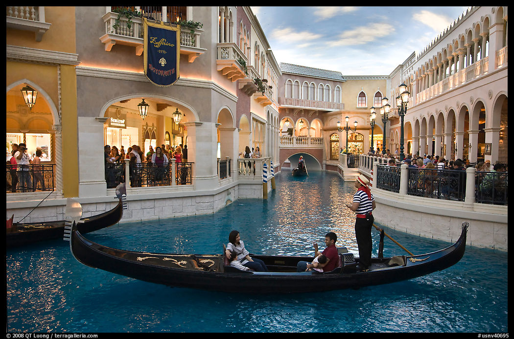 Family gondola ride inside Venetian casino. Las Vegas, Nevada, USA