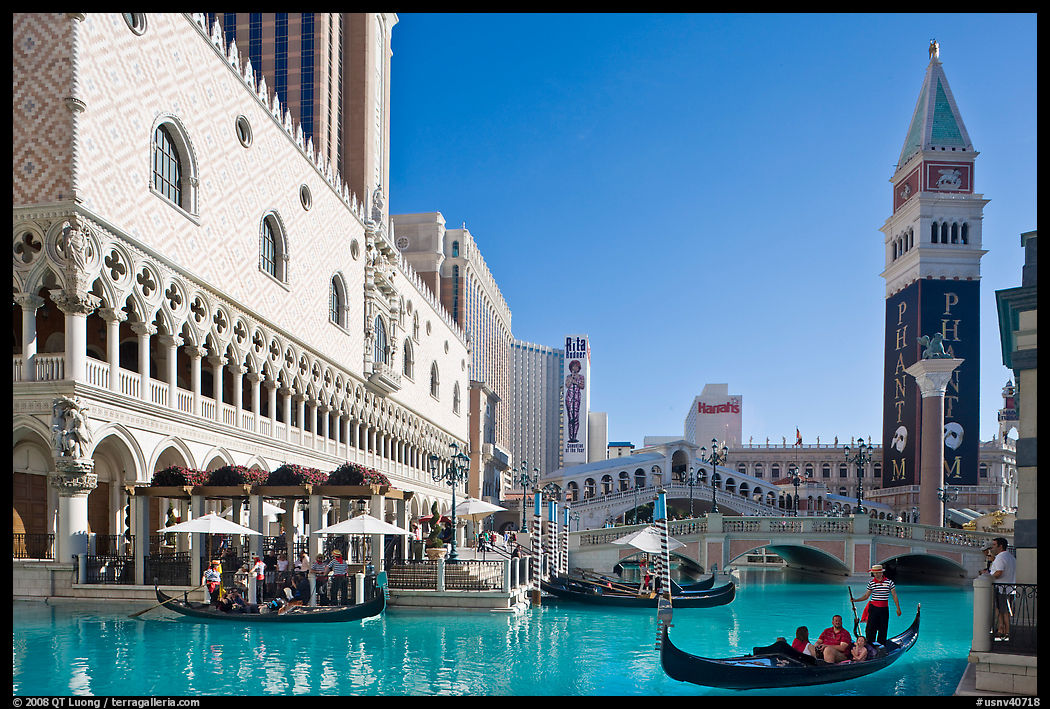 Gondola rides in front of the Venetian hotel. Las Vegas, Nevada, USA