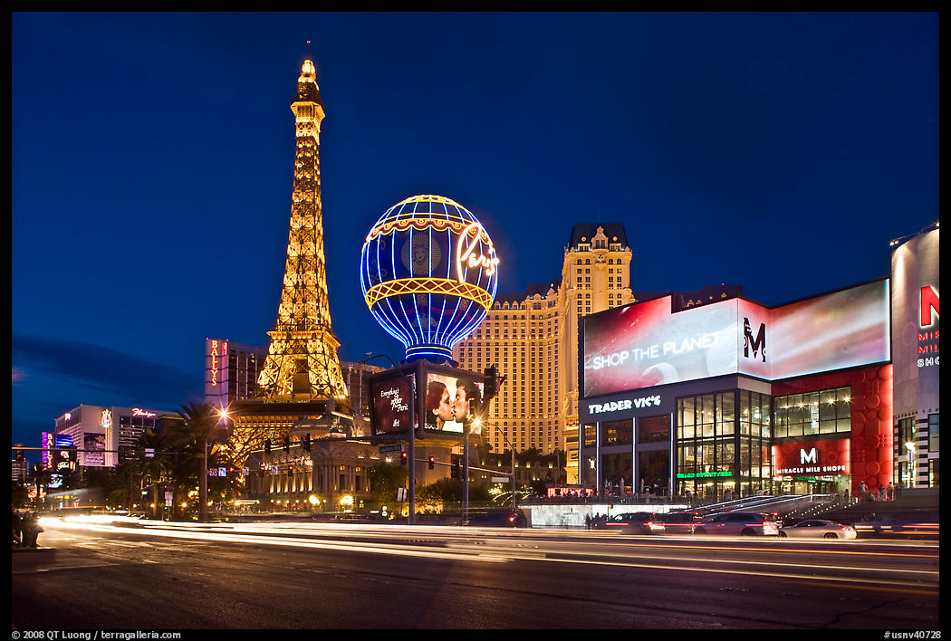 Las Vegas Boulevard and Eiffel Tower replica at dusk. Las Vegas, Nevada, USA