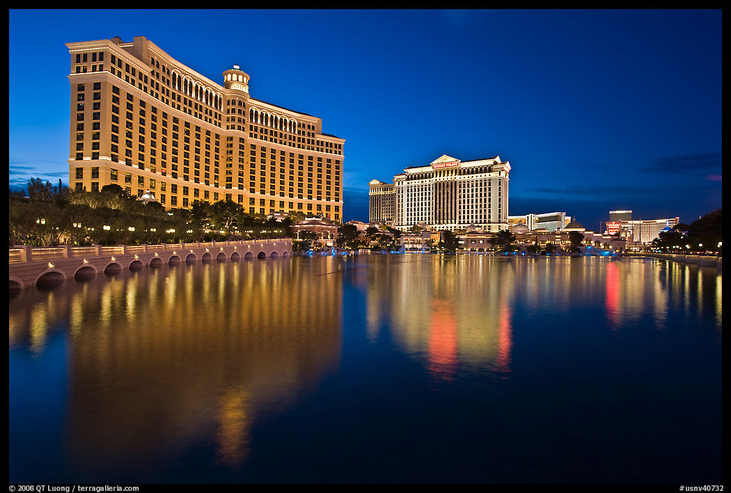 Bellagio and Caesar Palace reflected at dusk. Las Vegas, Nevada, USA