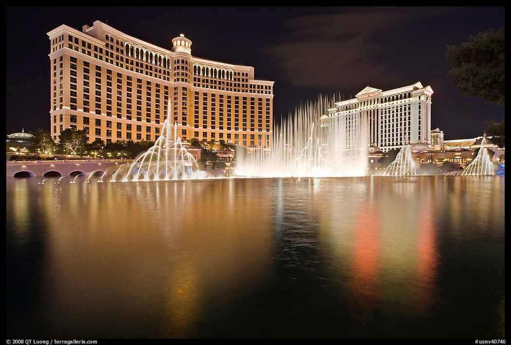 Dancing fountains, Bellagio, and Caesar Palace. Las Vegas, Nevada, USA