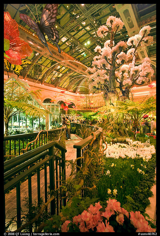 Botanical garden and conservatory with green light, Bellagio Casino. Las Vegas, Nevada, USA