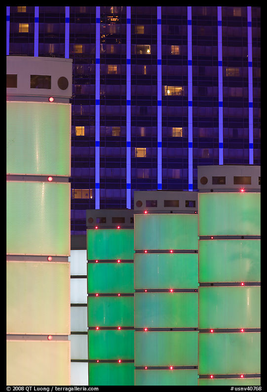 Columns and Baillys facade night. Las Vegas, Nevada, USA