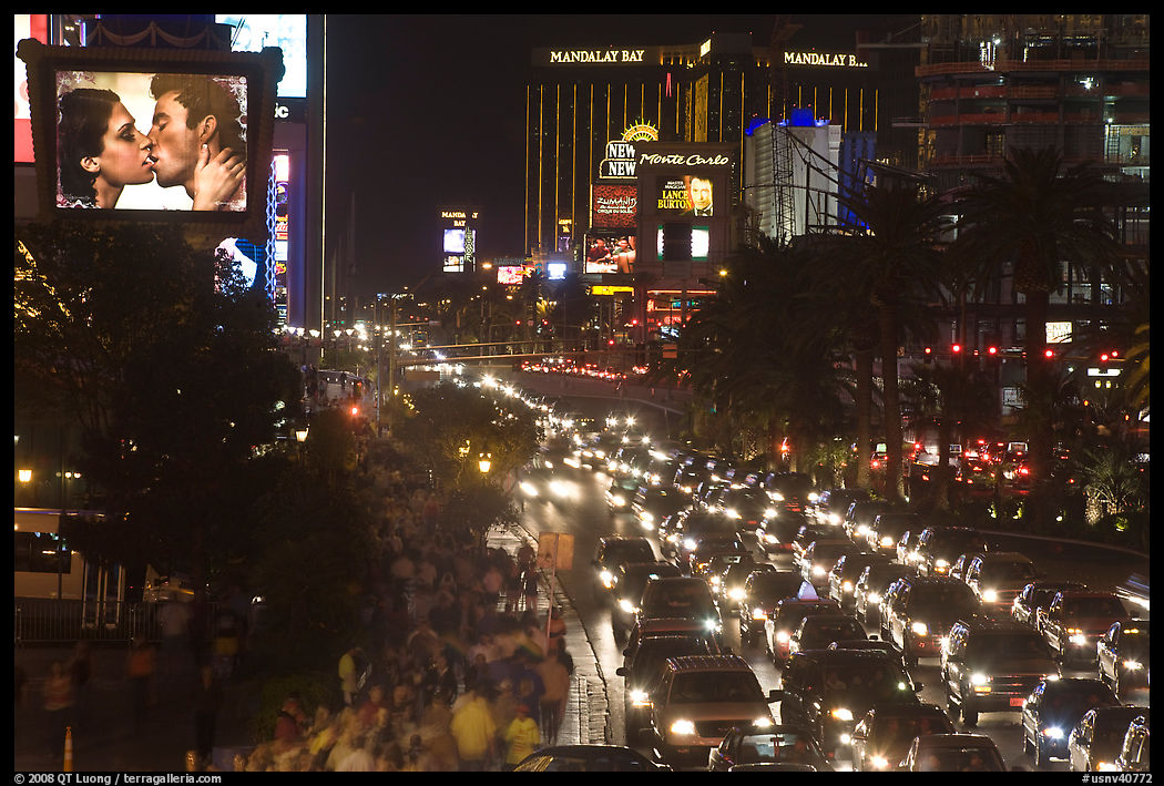 Congested foot and car traffic on Las Vegas Boulevard on Saturday night. Las Vegas, Nevada, USA