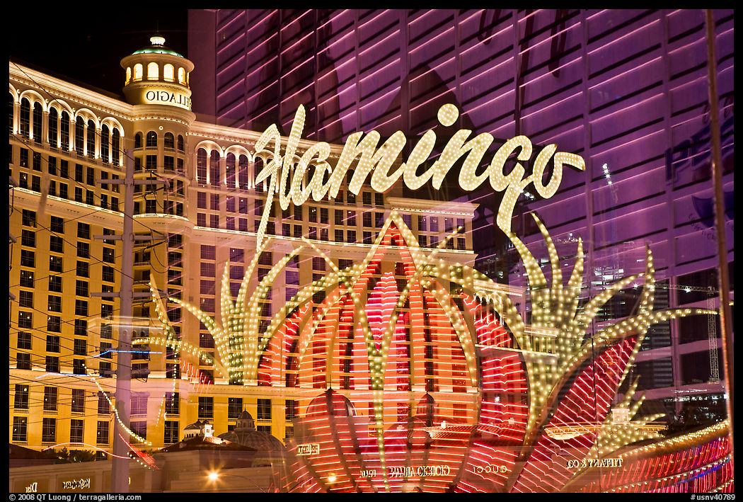 Flamingo hotel lights and Bellagio hotel reflections. Las Vegas, Nevada, USA