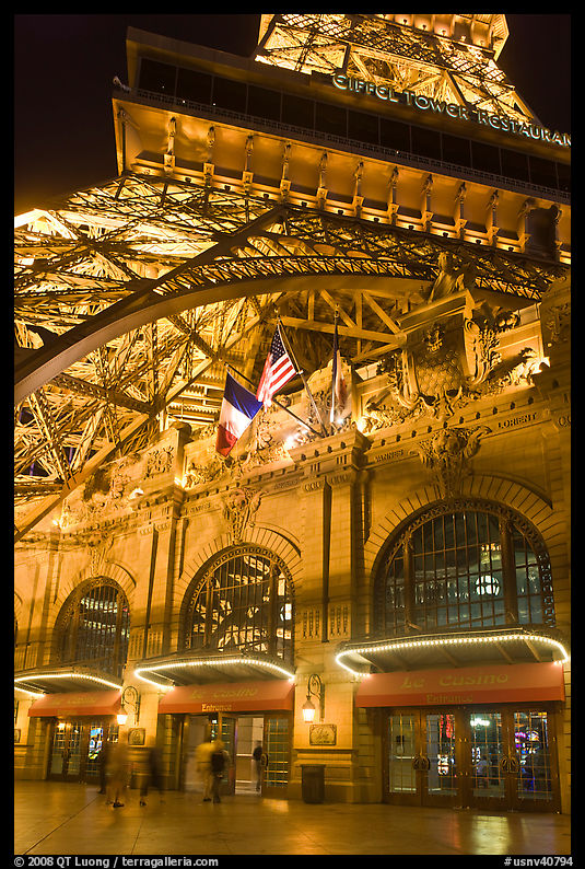 Entrance of Paris Las Vegas hotel below Eiffel tower replica. Las Vegas, Nevada, USA