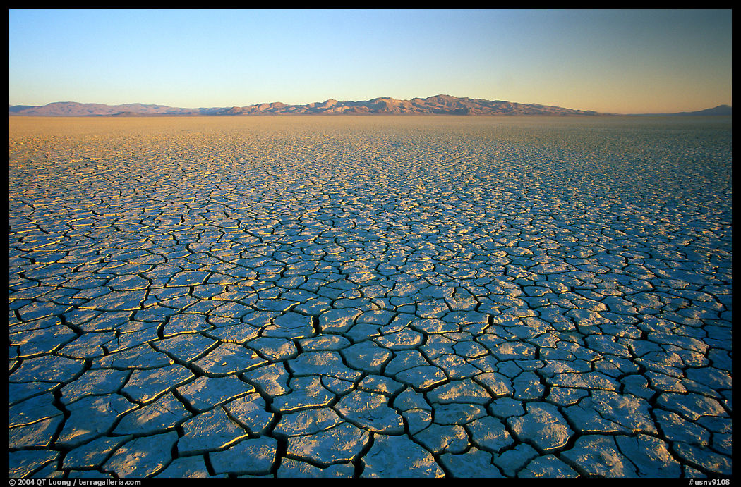 Ancient lakebed with cracked dried mud, sunrise. Black Rock Desert, Nevada, USA
