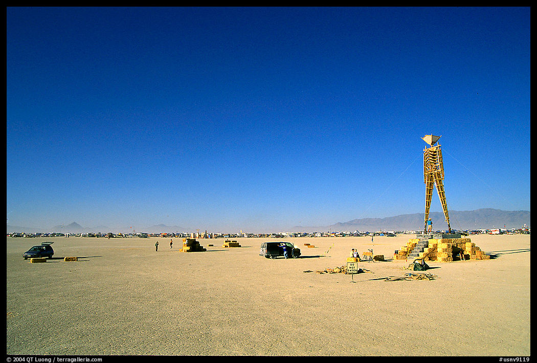 The Man, a symbolic sculpture burned at the end of the Burning Man festival. Black Rock Desert, Nevada, USA