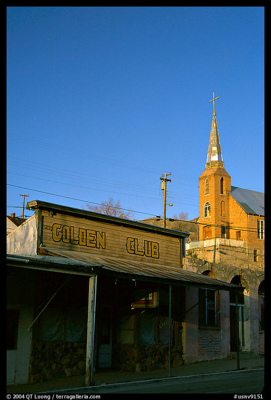 Golden Club and church, sunset, Austin. Nevada, USA