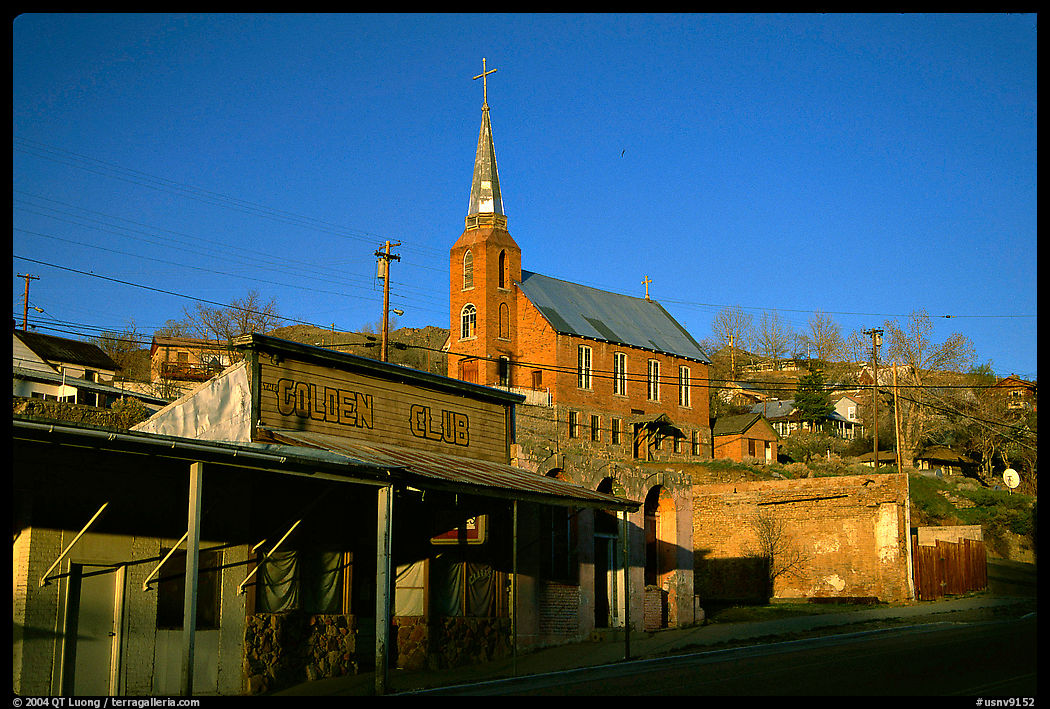 Main Street and church, sunset, Austin. Nevada, USA