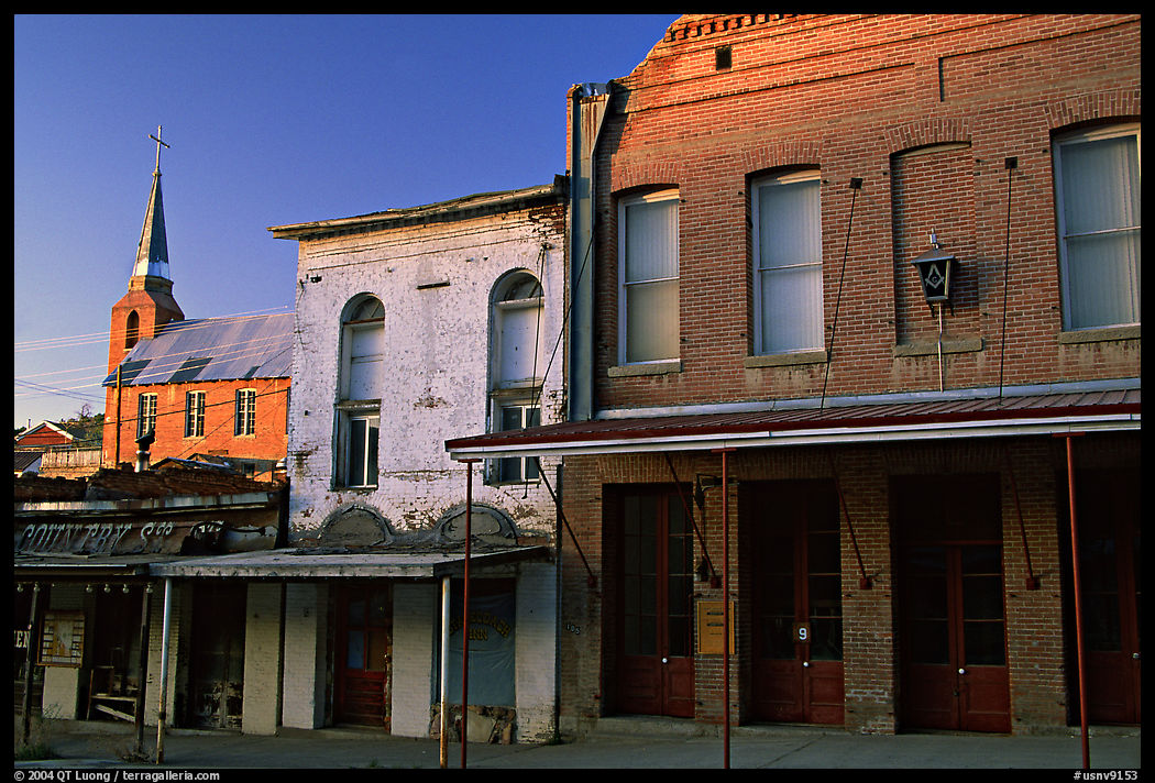 Buildings on main street and church, sunset, Austin. Nevada, USA