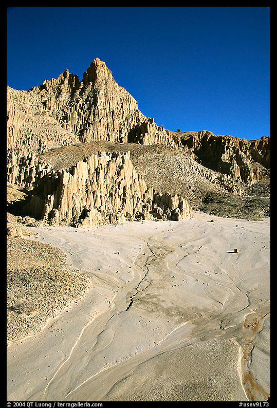 Mud plain below erosion spires, Cathedral Gorge State Park. Nevada, USA