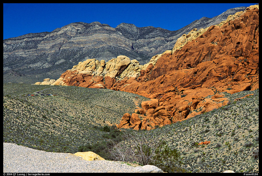 Red sandstone formations, and green hills, Red Rock Canyon. Red Rock Canyon, Nevada, USA