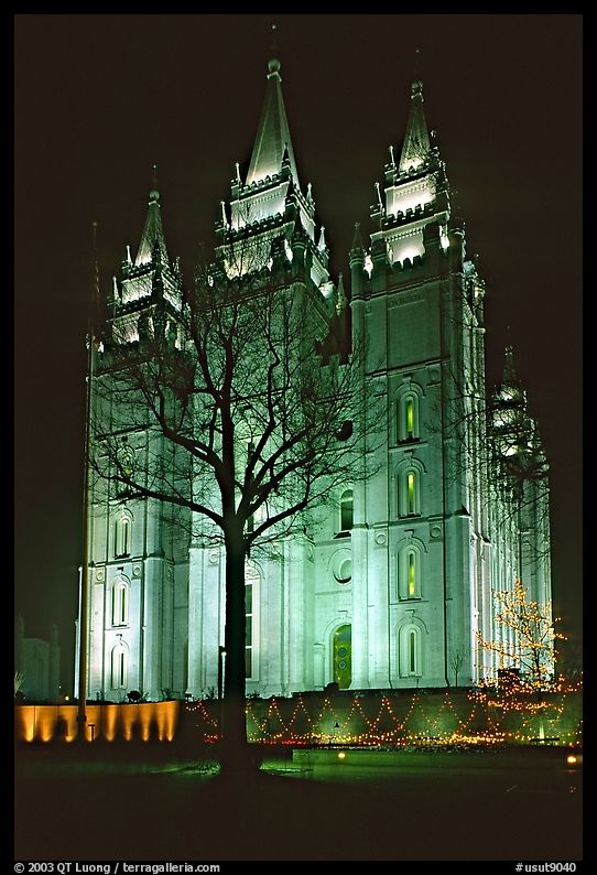 Great Mormon Temple with Christmas lights, Salt Lake City. Utah, USA
