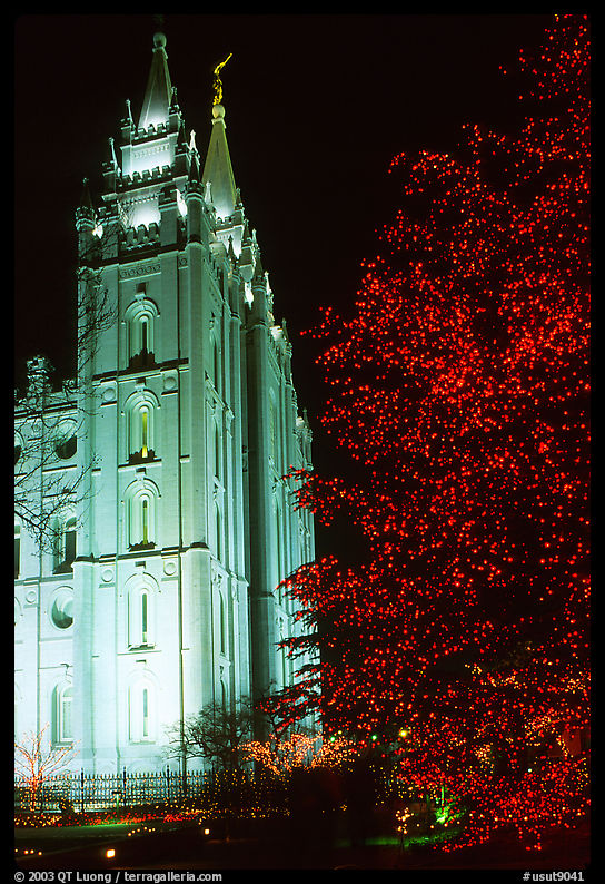 Great Mormon Temple with Christmas lights, Salt Lake City. Utah, USA