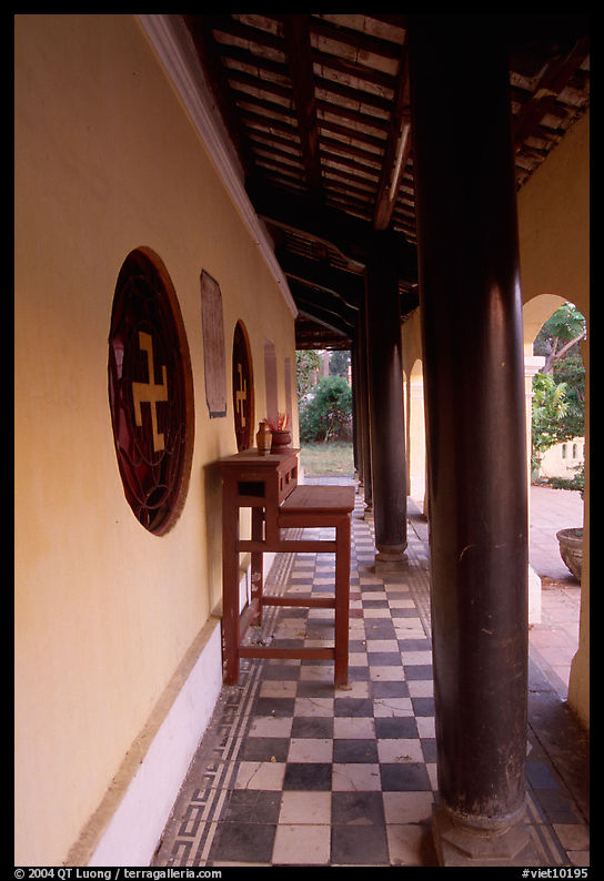 Gallery outside Giac Vien Pagoda with svastikas. Ho Chi Minh City, Vietnam