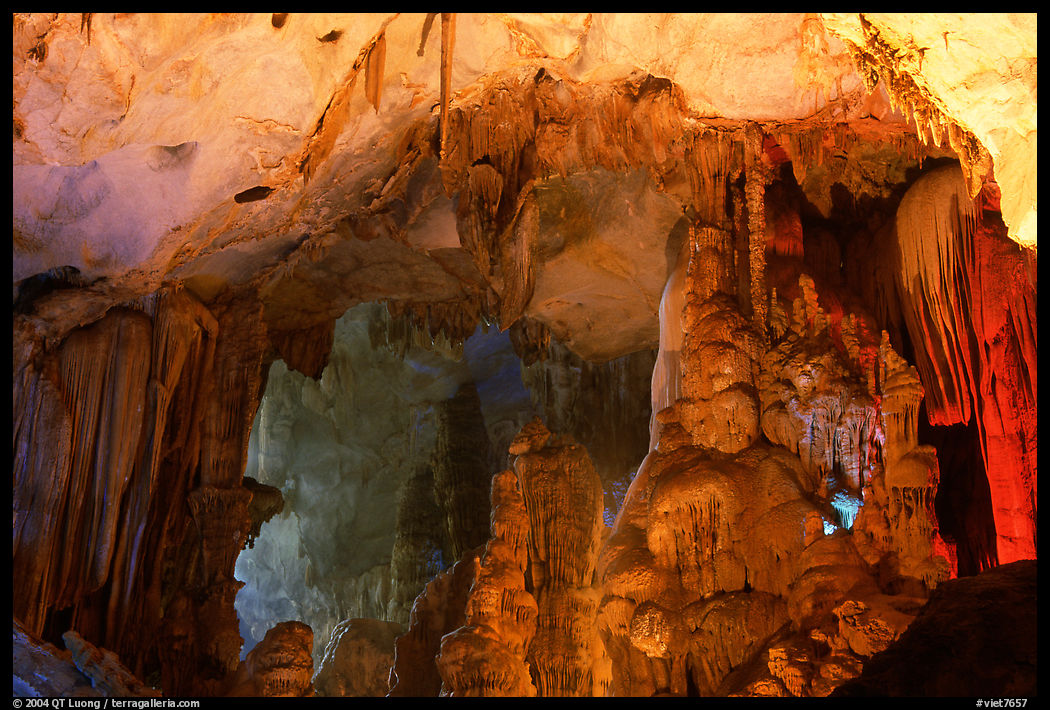 Illuminated cave formations, upper cave, Phong Nha Cave. Vietnam